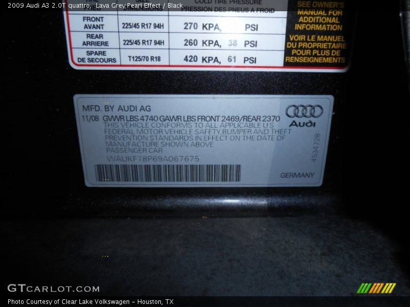 Info Tag of 2009 A3 2.0T quattro