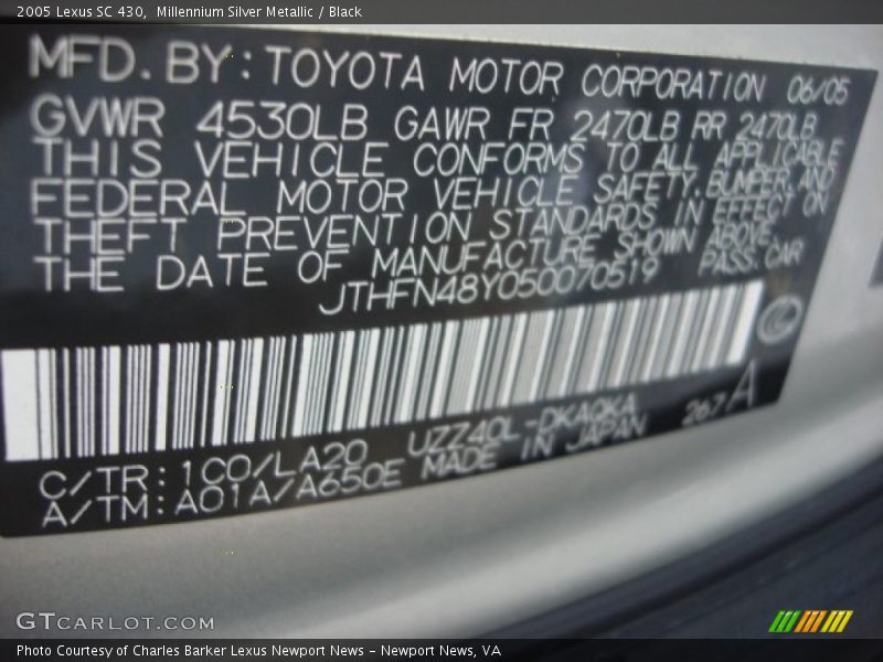 Millennium Silver Metallic / Black 2005 Lexus SC 430