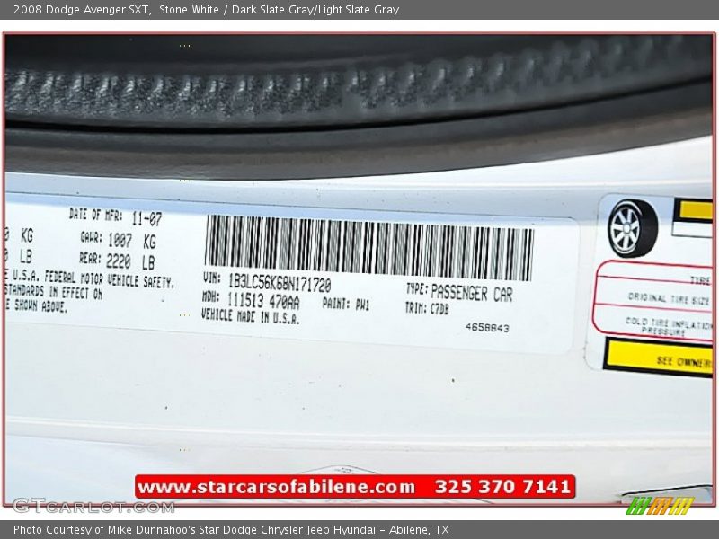Stone White / Dark Slate Gray/Light Slate Gray 2008 Dodge Avenger SXT