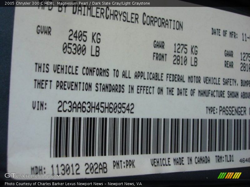2005 300 C HEMI Magnesium Pearl Color Code PPK