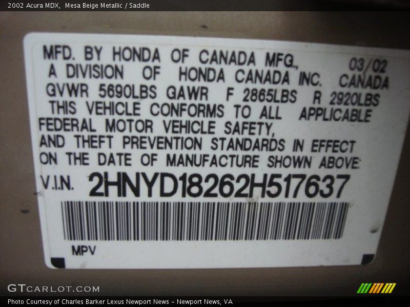 Mesa Beige Metallic / Saddle 2002 Acura MDX