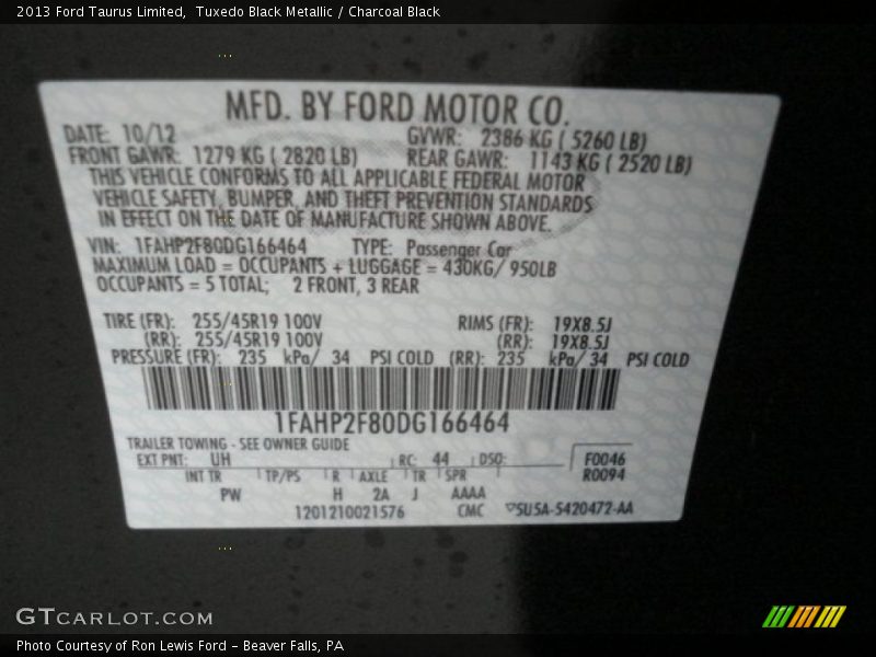 Tuxedo Black Metallic / Charcoal Black 2013 Ford Taurus Limited