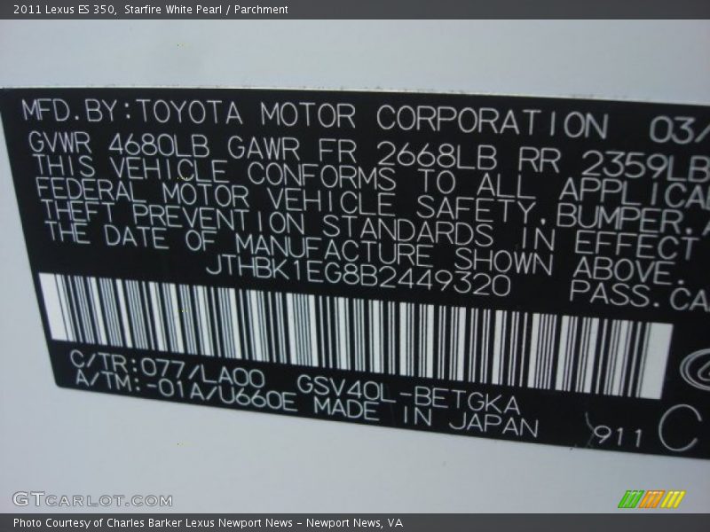 Starfire White Pearl / Parchment 2011 Lexus ES 350