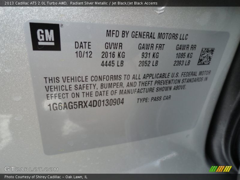 Radiant Silver Metallic / Jet Black/Jet Black Accents 2013 Cadillac ATS 2.0L Turbo AWD