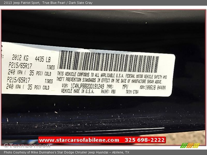 True Blue Pearl / Dark Slate Gray 2013 Jeep Patriot Sport