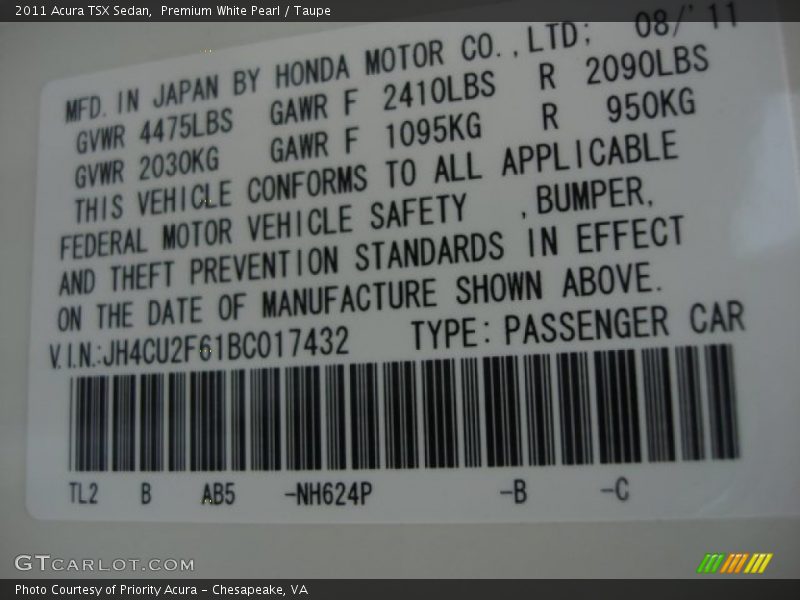Premium White Pearl / Taupe 2011 Acura TSX Sedan
