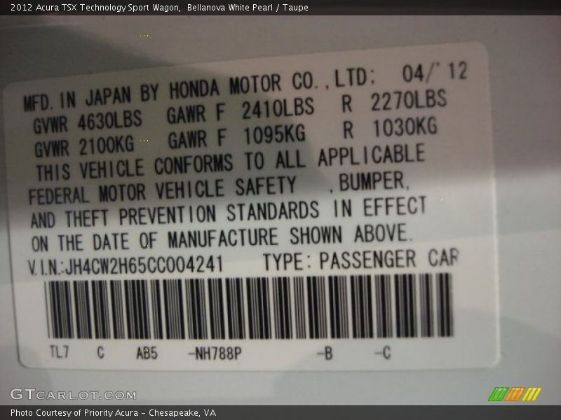 2012 TSX Technology Sport Wagon Bellanova White Pearl Color Code NH788P