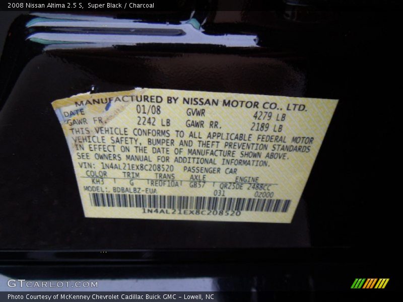 Super Black / Charcoal 2008 Nissan Altima 2.5 S