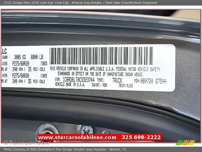 Mineral Gray Metallic / Dark Slate Gray/Medium Graystone 2012 Dodge Ram 1500 Lone Star Crew Cab