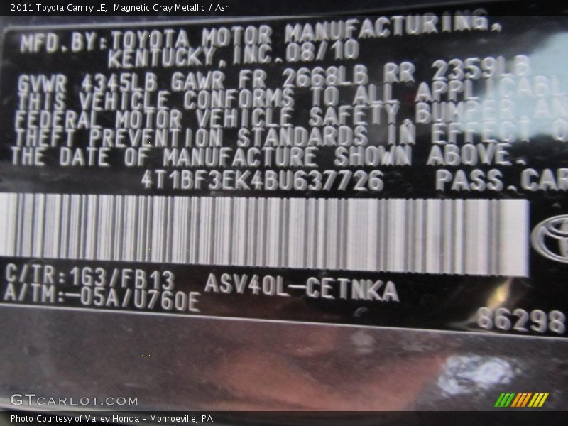 Magnetic Gray Metallic / Ash 2011 Toyota Camry LE
