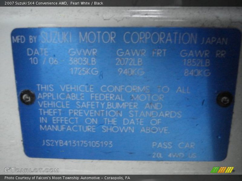 Pearl White / Black 2007 Suzuki SX4 Convenience AWD