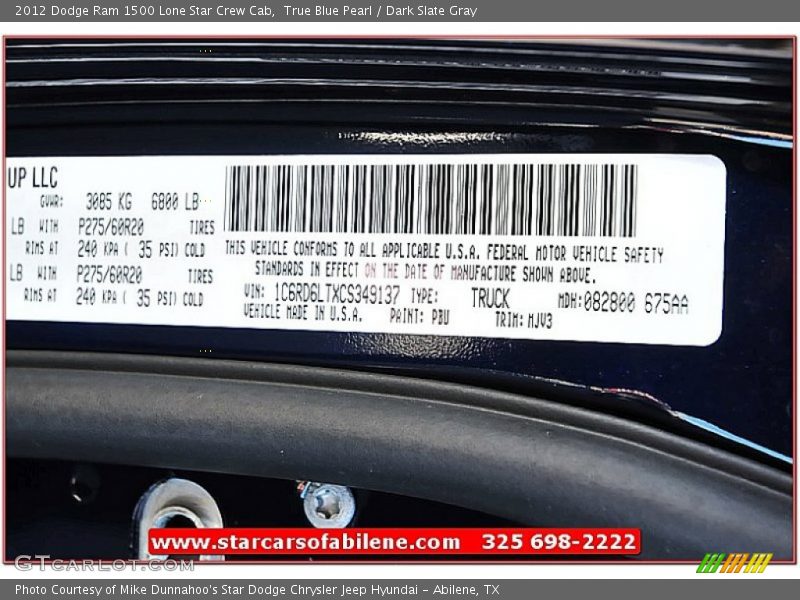 True Blue Pearl / Dark Slate Gray 2012 Dodge Ram 1500 Lone Star Crew Cab