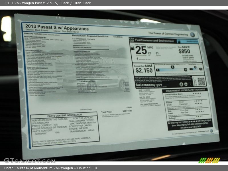 Black / Titan Black 2013 Volkswagen Passat 2.5L S