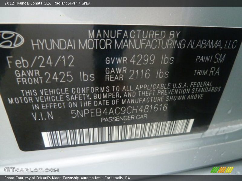 Radiant Silver / Gray 2012 Hyundai Sonata GLS