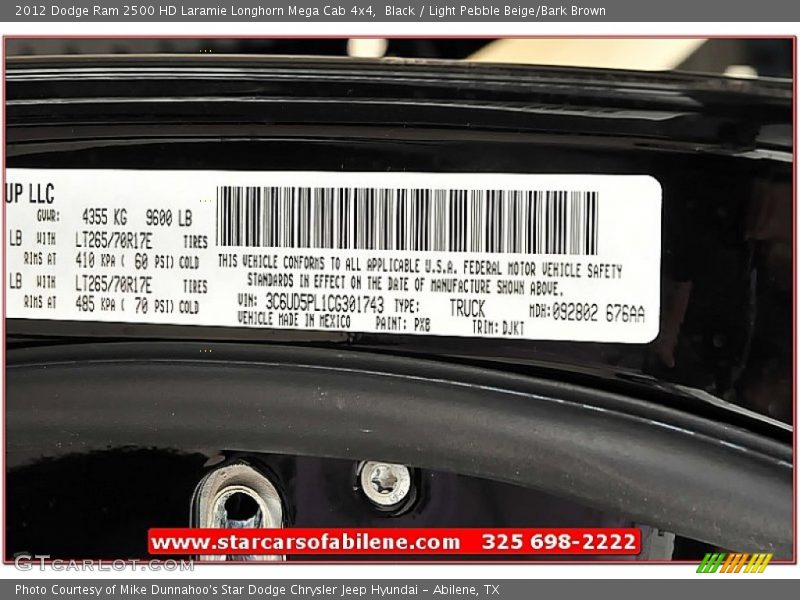 Black / Light Pebble Beige/Bark Brown 2012 Dodge Ram 2500 HD Laramie Longhorn Mega Cab 4x4