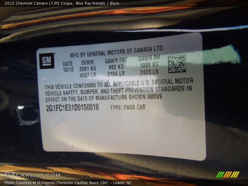 Blue Ray Metallic / Black 2013 Chevrolet Camaro LT/RS Coupe