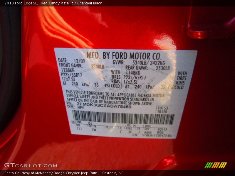 Red Candy Metallic / Charcoal Black 2010 Ford Edge SE