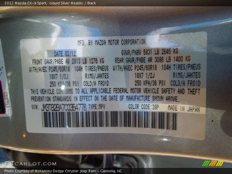 Liquid Silver Meatllic / Black 2012 Mazda CX-9 Sport