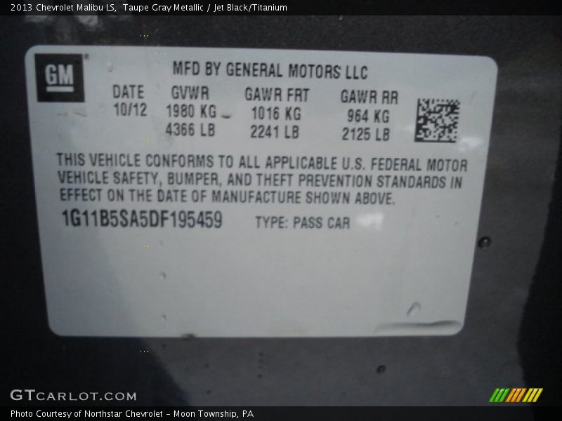 Taupe Gray Metallic / Jet Black/Titanium 2013 Chevrolet Malibu LS
