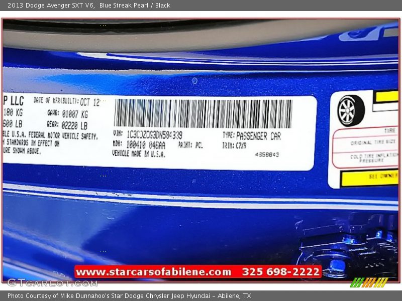 Blue Streak Pearl / Black 2013 Dodge Avenger SXT V6
