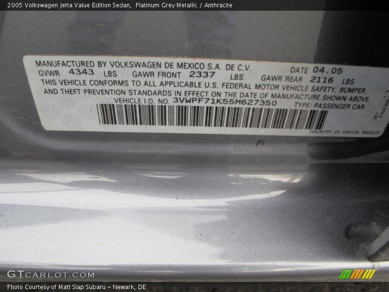 Platinum Grey Metallic / Anthracite 2005 Volkswagen Jetta Value Edition Sedan