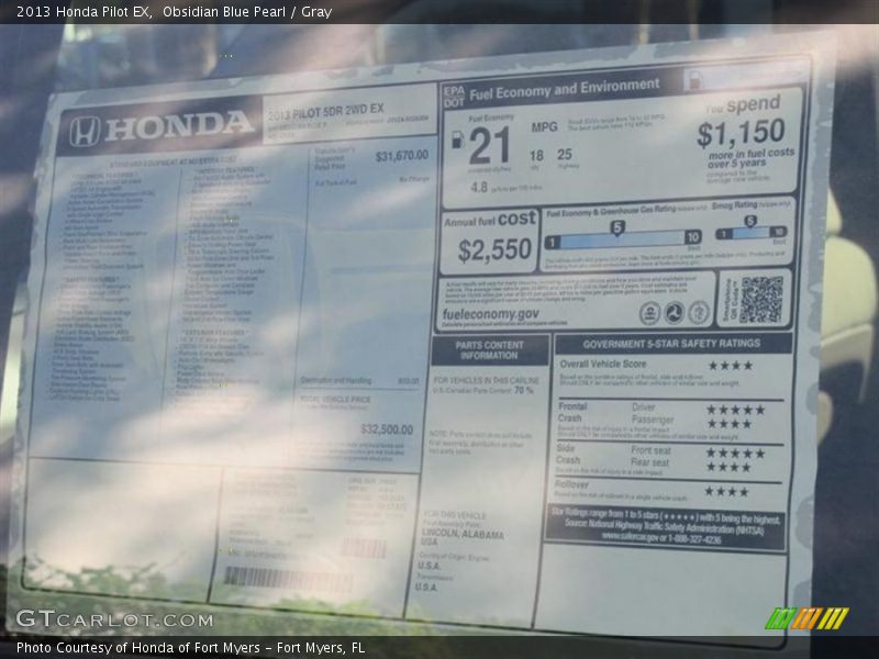 Obsidian Blue Pearl / Gray 2013 Honda Pilot EX