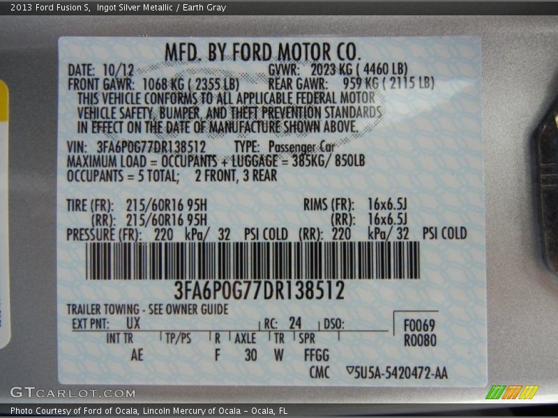 2013 Fusion S Ingot Silver Metallic Color Code UX