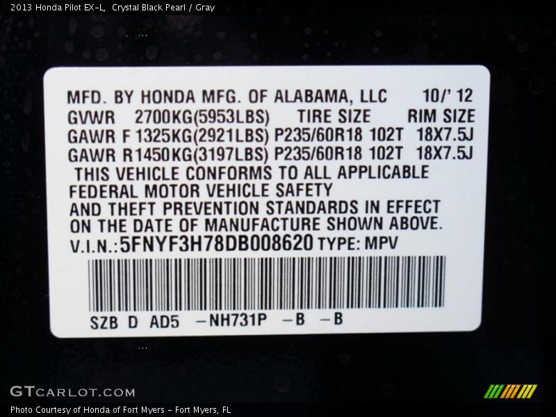 2013 Pilot EX-L Crystal Black Pearl Color Code NH731P