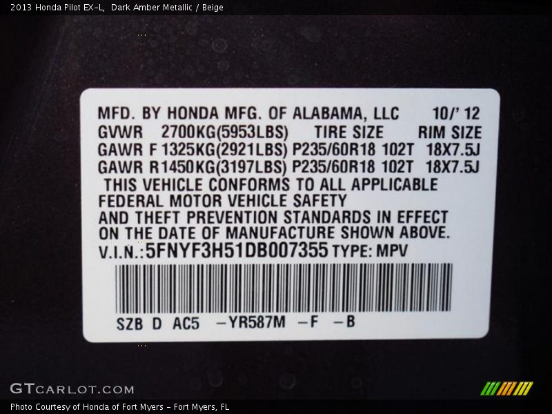 Dark Amber Metallic / Beige 2013 Honda Pilot EX-L
