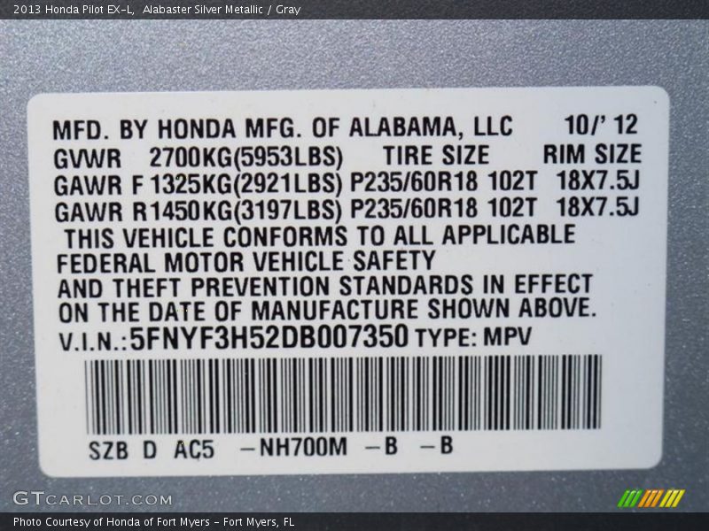 Alabaster Silver Metallic / Gray 2013 Honda Pilot EX-L