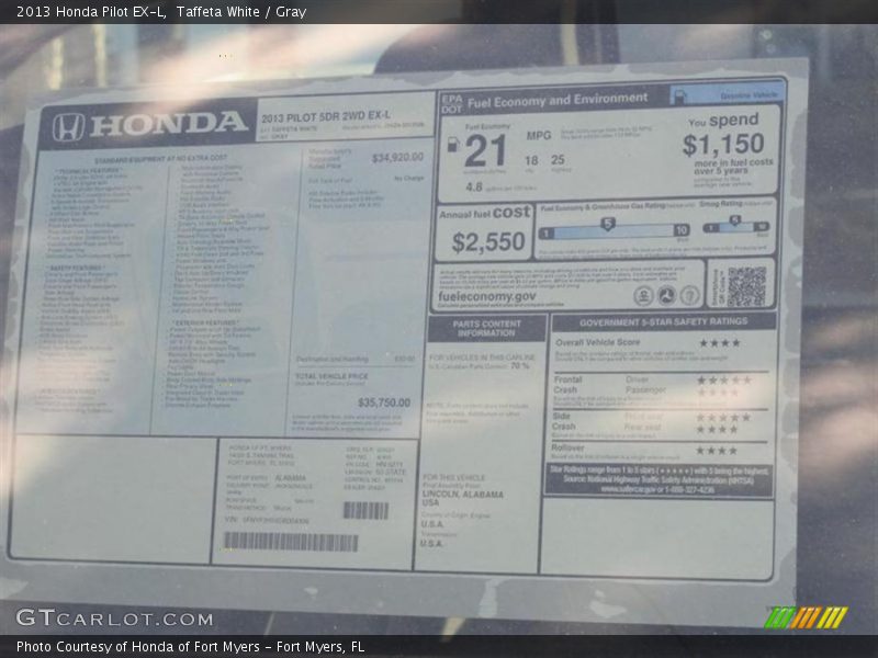 Taffeta White / Gray 2013 Honda Pilot EX-L