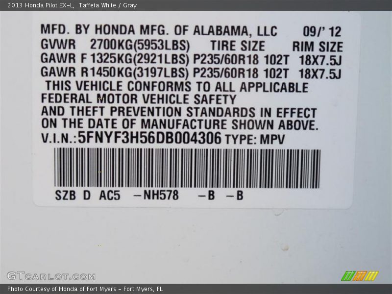 Taffeta White / Gray 2013 Honda Pilot EX-L