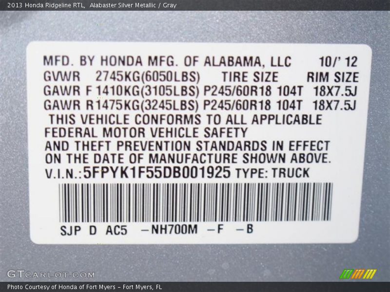 2013 Ridgeline RTL Alabaster Silver Metallic Color Code NH700M