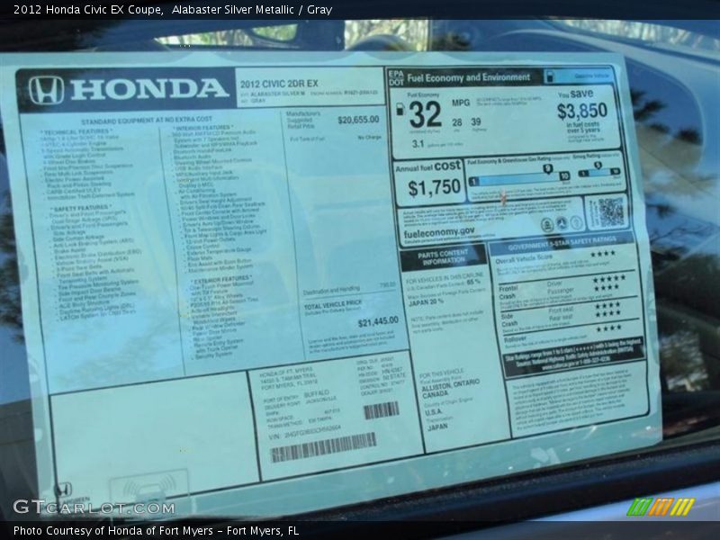 Alabaster Silver Metallic / Gray 2012 Honda Civic EX Coupe