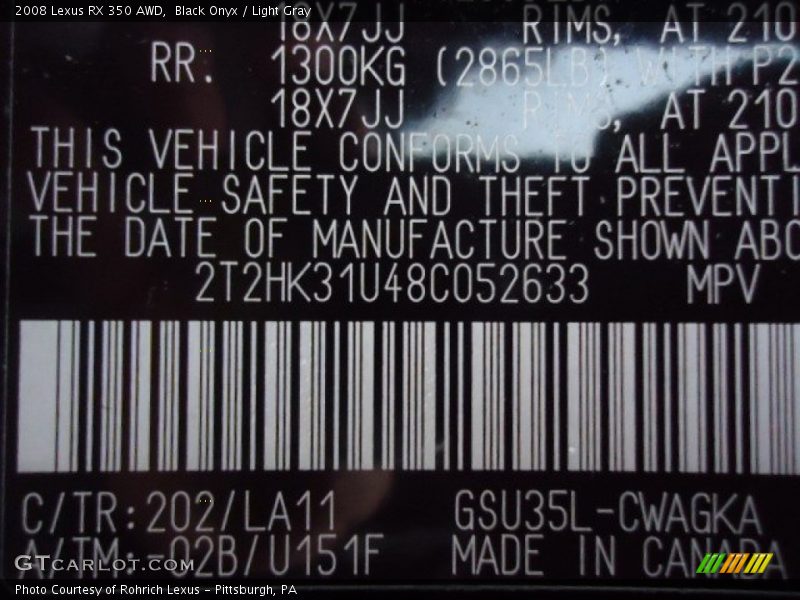 Black Onyx / Light Gray 2008 Lexus RX 350 AWD