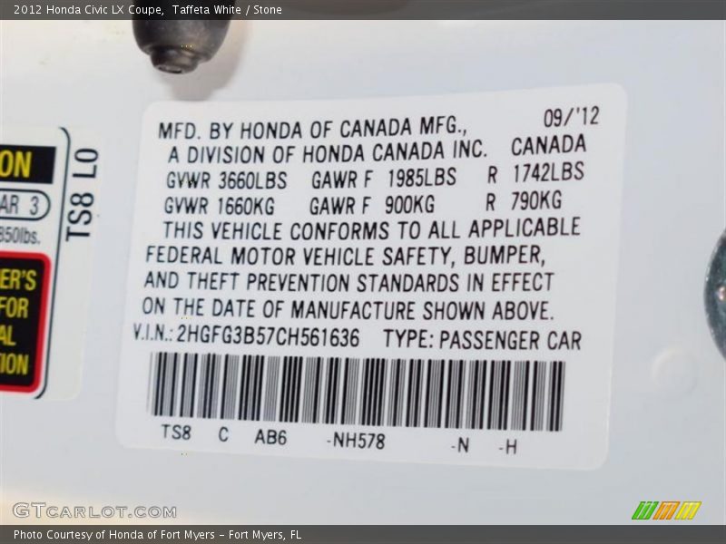 Taffeta White / Stone 2012 Honda Civic LX Coupe