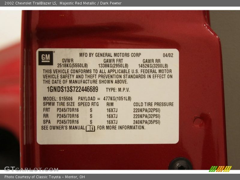 Info Tag of 2002 TrailBlazer LS