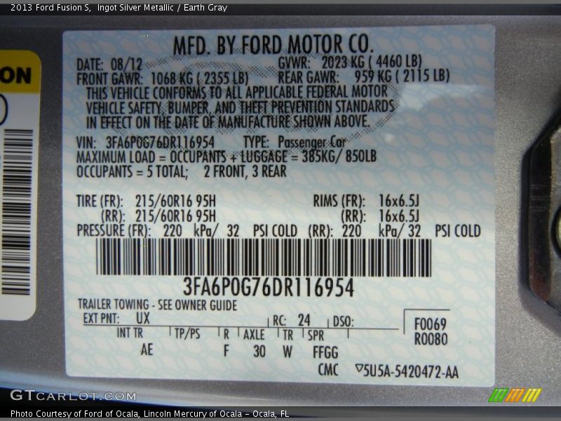 2013 Fusion S Ingot Silver Metallic Color Code UX