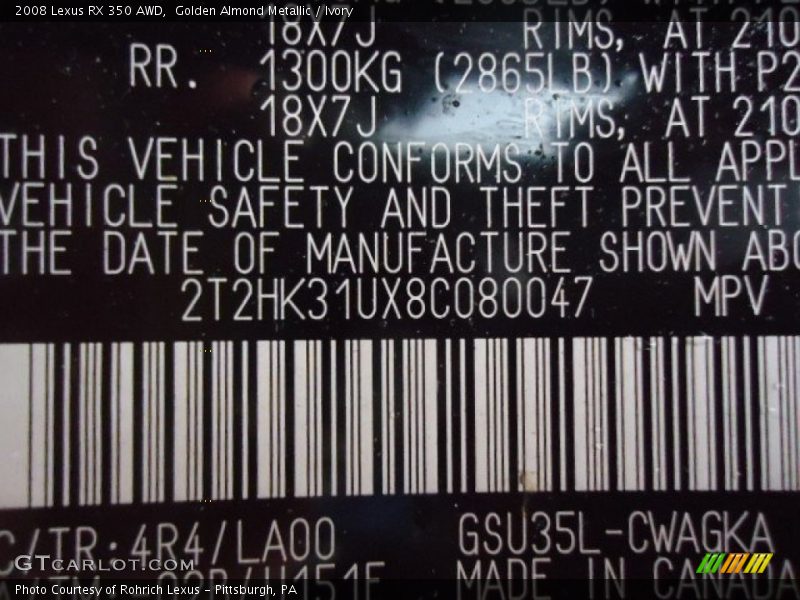 Golden Almond Metallic / Ivory 2008 Lexus RX 350 AWD