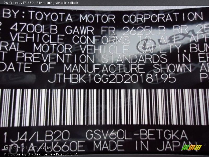 Silver Lining Metallic / Black 2013 Lexus ES 350