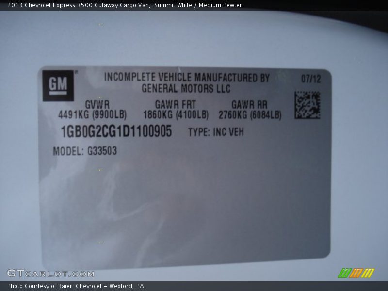 Info Tag of 2013 Express 3500 Cutaway Cargo Van