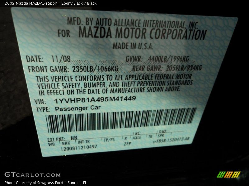 Ebony Black / Black 2009 Mazda MAZDA6 i Sport