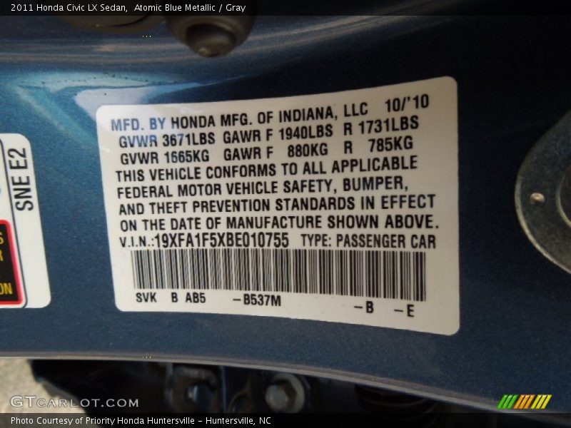 Atomic Blue Metallic / Gray 2011 Honda Civic LX Sedan