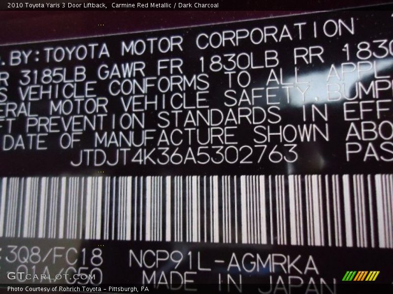 2010 Yaris 3 Door Liftback Carmine Red Metallic Color Code 3Q8