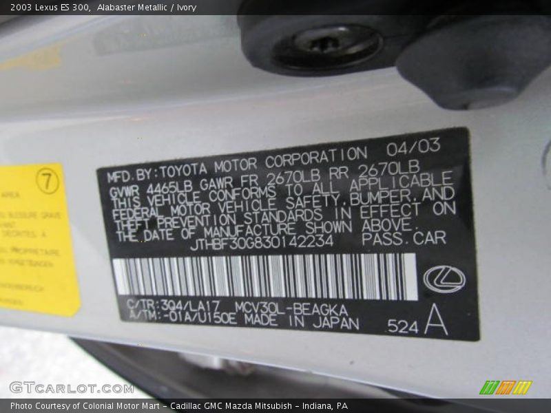2003 ES 300 Alabaster Metallic Color Code 3Q4
