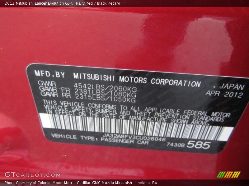 Info Tag of 2012 Lancer Evolution GSR