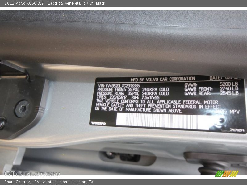 Electric Silver Metallic / Off Black 2012 Volvo XC60 3.2