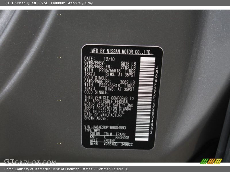 2011 Quest 3.5 SL Platinum Graphite Color Code K51