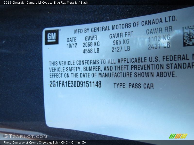 Blue Ray Metallic / Black 2013 Chevrolet Camaro LS Coupe