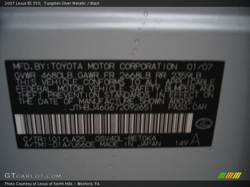 2007 ES 350 Tungsten Silver Metallic Color Code 1G1